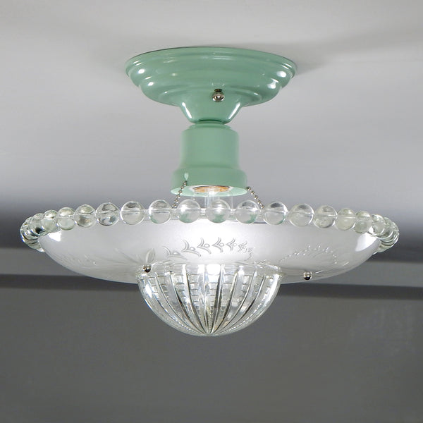 Semi-Flush Beaded Chain Ceiling Light, Vintage Glass, New Fixture. The fixture features a custom-made powder-coated base. The shade has an etched cut glass pattern. The light fixture has been cleaned and detailed. It includes mounting hardware for convenient installation. Available at www.vintporium.com