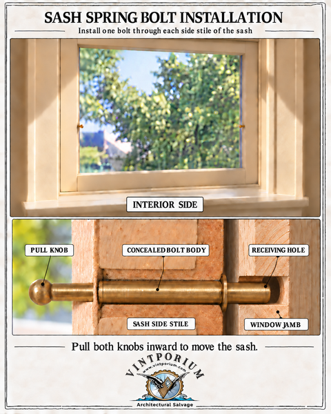 Diagram showing sash spring bolt installation instructions with labels pointing to the pull knob, concealed bolt body, sash side stile, window jamb, and receiving hole.