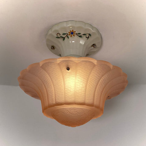 Vintage 1930s peach Art Deco glass ceiling light with hand-painted porcelain canopy.