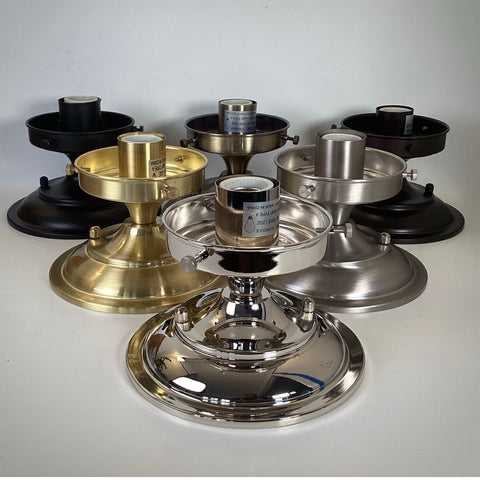 Group of 4-inch fitter semi-flush light fixture shade holder parts displayed in multiple metal finishes including brass, nickel, bronze, and black.