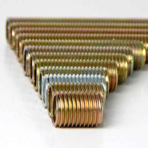 3 Pack of Fully Threaded, Zinc Plated 1/4 Ip Threaded Rod Nipples  Probably the 2nd most commonly used threaded rod/nipples, these 1/4 ip (1/2 inch diameter) steel rods are zinc-plated and fully threaded. They are sold in 3 packs and range from 5/8 of an inch long to 6 inches long. Available at www.vintporium.com