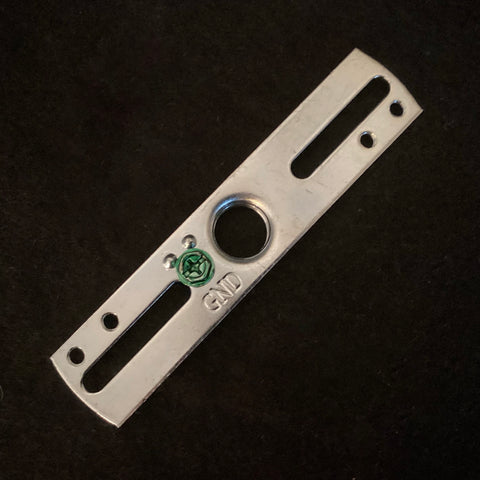 Close-up of a 1/4 IPS female crossbar mounting bracket with green ground screw, UL listed for light fixture installation – Vintporium.