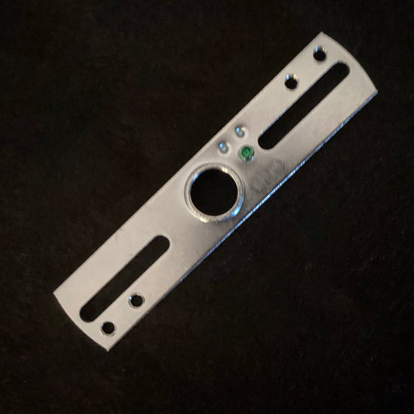 Close-up of a 1/4 IPS female crossbar mounting bracket with green ground screw, UL listed for light fixture installation – Vintporium.