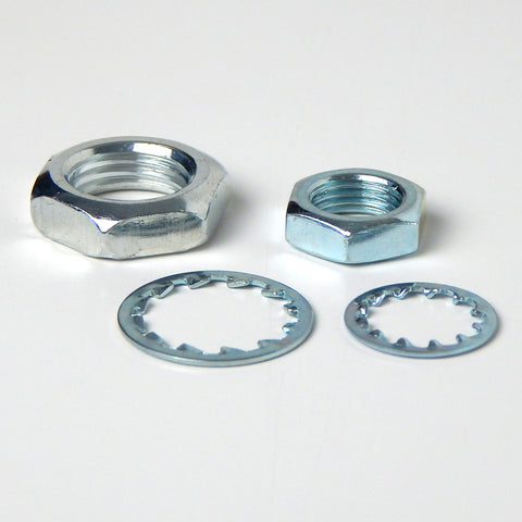 Zinc Plated Heavy Duty Nut & Lock Washer Kit Choice of (9/16 1/8ip) or (3/4 1/4ip)  Commonly used lighting fastener parts, each kit includes your choice of one 1/8 ips zinc nut and one lock washer or one 1/4 zinc nut and one lock washer. Available at www.vintporium.com
