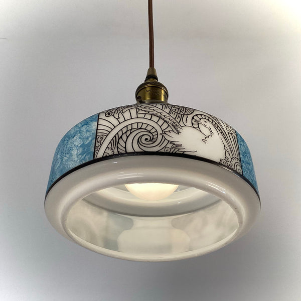 Antique Art Deco pendant light with hand-decorated pheasant motif glass shade, available at Vintporium