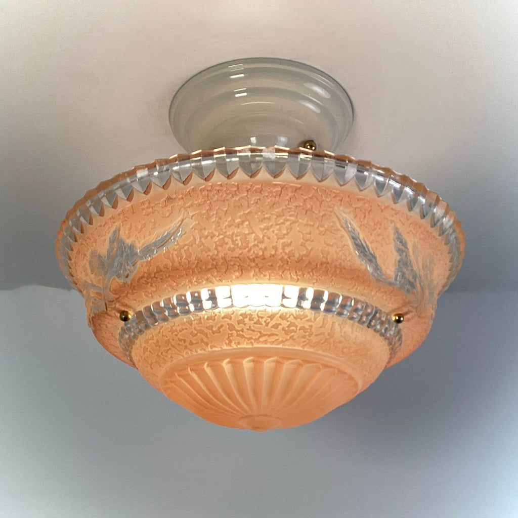 Beaded Chain Semi-Flush Ceiling Light with Peach Glass Bowl - Vintporium Architectural Salvage