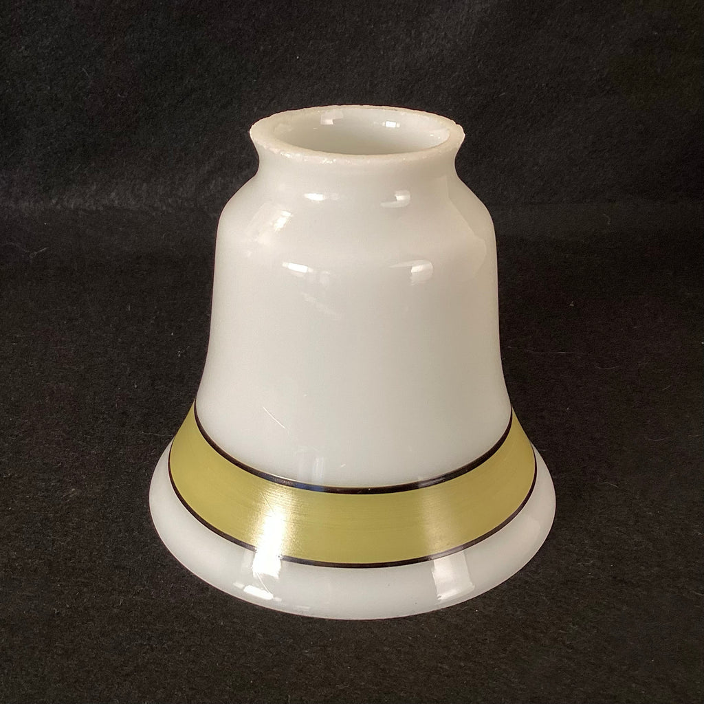 Front profile view of a Rejuvenation opal white bell glass shade featuring a wide olive green band with dark pinstripes and a 2.25-inch fitter.