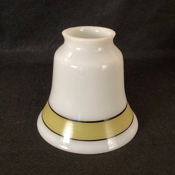 Front profile view of a Rejuvenation opal white bell glass shade featuring a wide olive green band with dark pinstripes and a 2.25-inch fitter.
