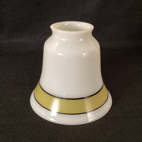 Front profile view of a Rejuvenation opal white bell glass shade featuring a wide olive green band with dark pinstripes and a 2.25-inch fitter.