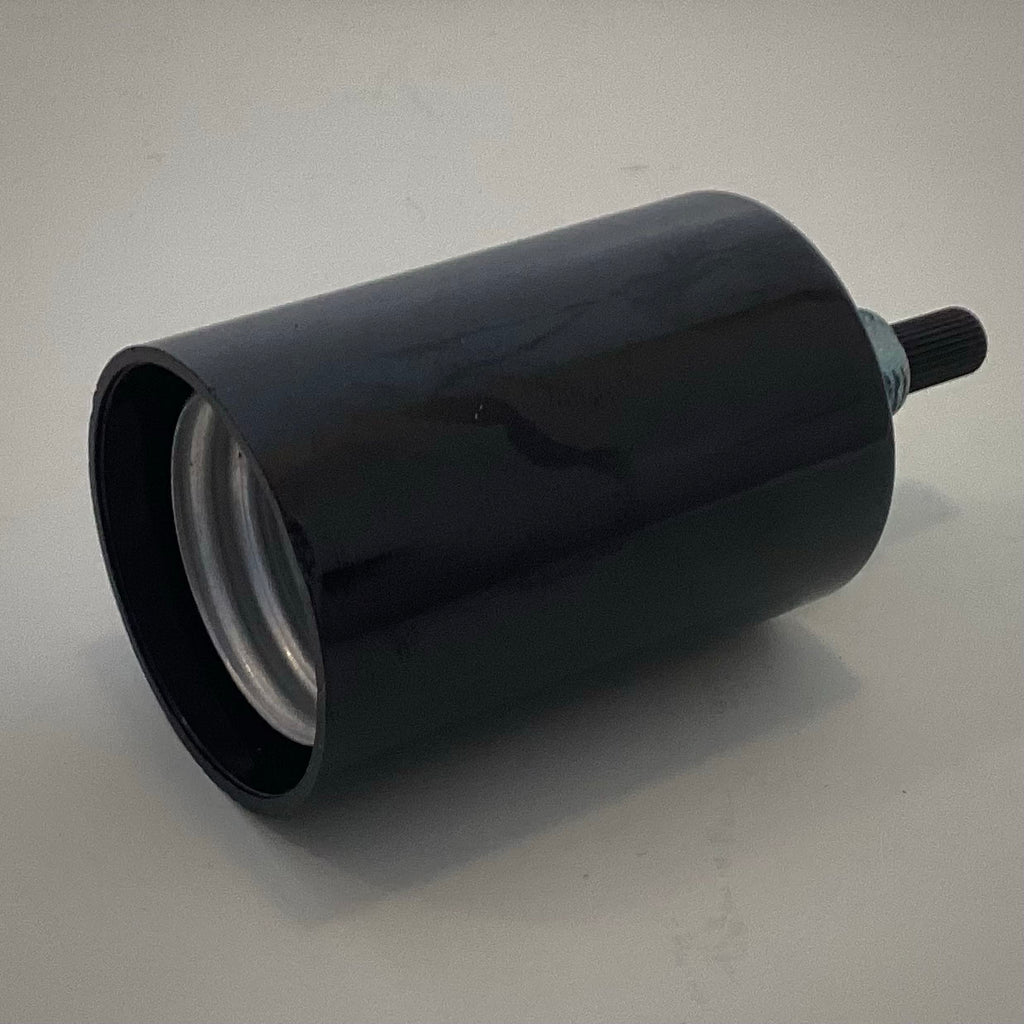 Black Sun-Lite Bakelite medium base light socket housing with rotary switch stem and internal aluminum screw shell, shown from a front angle.