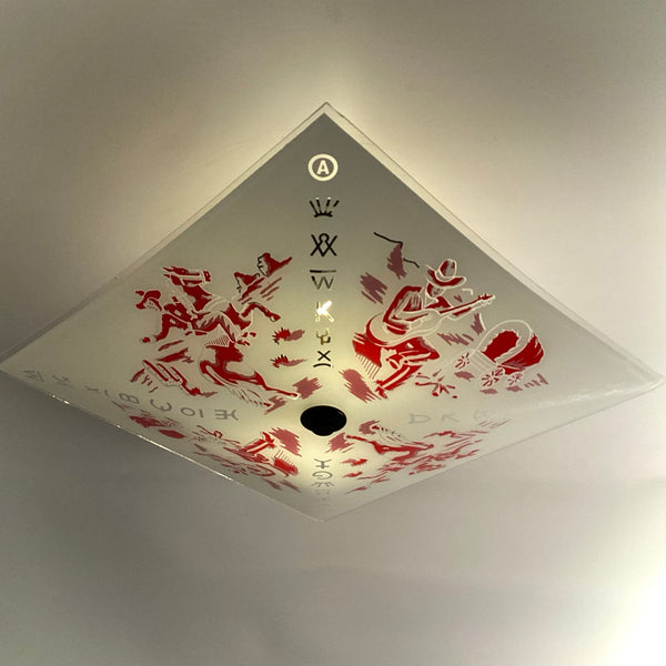 Square vintage glass light shade featuring red and white Western motif illustrations, including cowboys on horses and cattle brands.