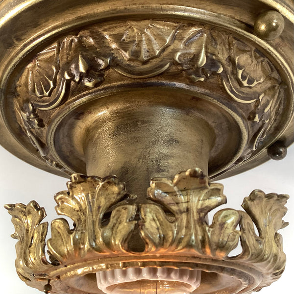 Antique Brass Flush Mount Ceiling Light with Pull Chain. The fixture has been rewired, cleaned, and detailed and retains much of its aging and wear. It also includes the hardware for easy installation. Available at www.vintporium.com