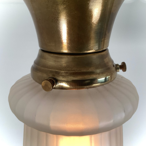 Vintage 1930s Empire Glass Ceiling Light – Floral Frosted Shade. 1930s with this charming flush mount ceiling light. Featuring a softly patinated brass canopy and a frosted glass shade adorned with embossed wildflowers and vertical fluting. Available at www.vintporium