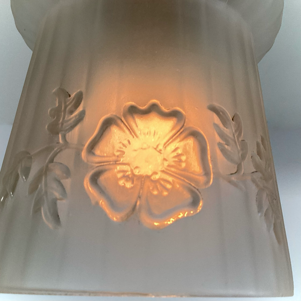 Vintage 1930s Empire Glass Ceiling Light – Floral Frosted Shade. 1930s with this charming flush mount ceiling light. Featuring a softly patinated brass canopy and a frosted glass shade adorned with embossed wildflowers and vertical fluting. Available at www.vintporium