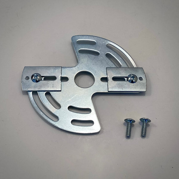 Front view of a steel light fixture mounting plate with two lockable sliding end plates and loose screws.