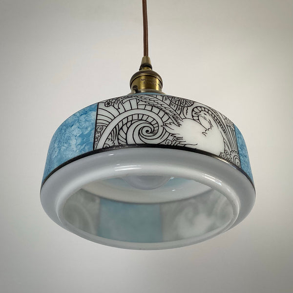 Vintage 1930s Art Deco ceiling pendant with blue marbled glass and black line detailing, from Vintporium