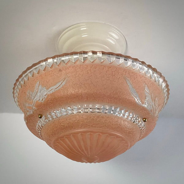 Beaded Chain Semi-Flush Ceiling Light with Peach Glass Bowl - Vintporium Architectural Salvage