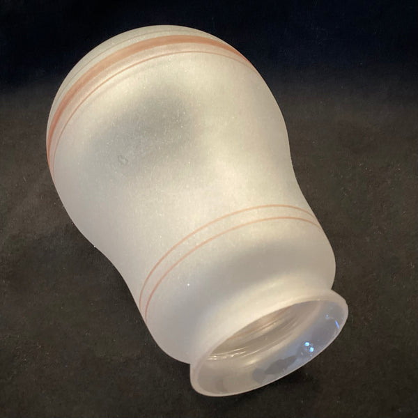 The vintage etched glass shade has been cleaned and detailed for your convenience. The shade features copper-toned painted banding. Available at www.vintporium.com