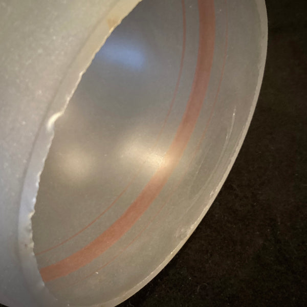 The vintage etched glass shade has been cleaned and detailed for your convenience. The shade features copper-toned painted banding. Available at www.vintporium.com