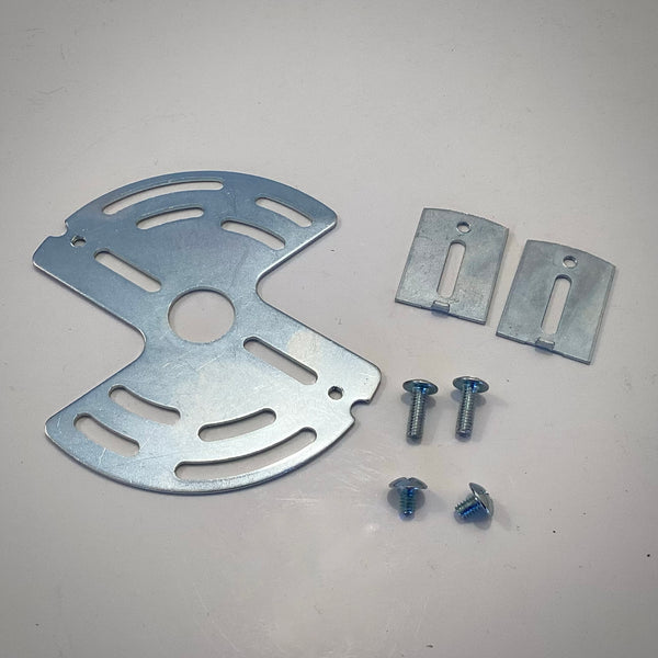 Disassembled lighting restoration kit showing a circular slotted swivel crossbar, two sliding end plates, and mounting screws.