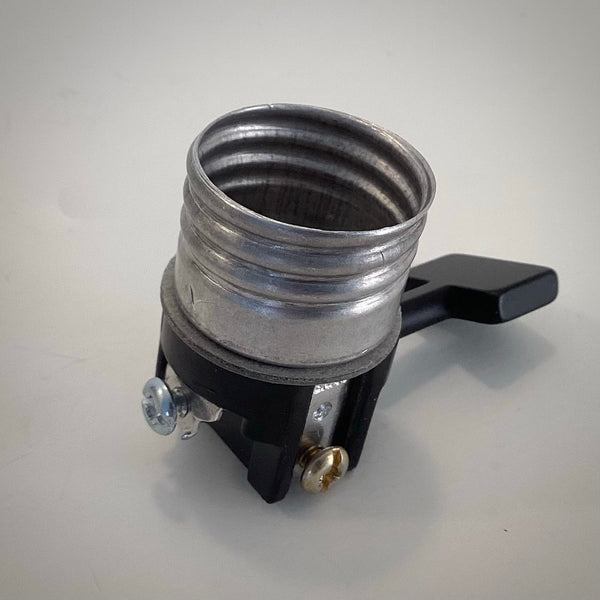 Side profile of Leviton medium base E26 lamp socket interior featuring silver terminal screw and black switch housing.