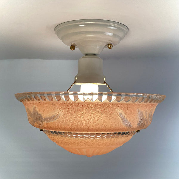 Beaded Chain Semi-Flush Ceiling Light with Peach Glass Bowl - Vintporium Architectural Salvage