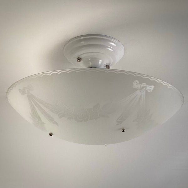 1950s floral glass bowl semi-flush ceiling light unlit showing frosted glass shade and restored powder-coated canopy