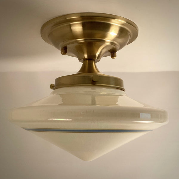 Fully assembled retro Art Deco ceiling light fixture perfect for kitchen or hallway lighting, featuring a streamlined cone-shaped vintage shade.