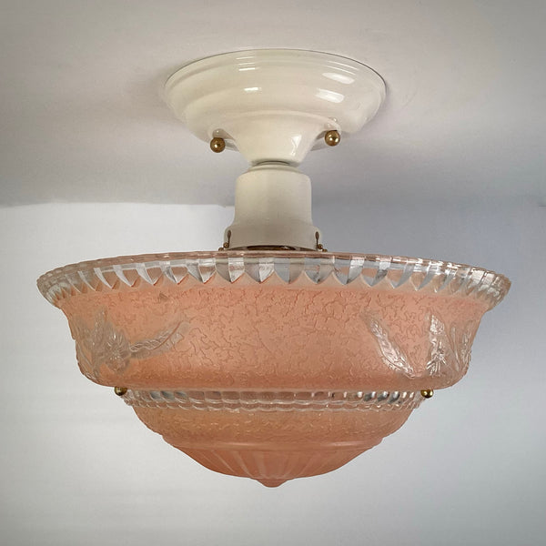 Beaded Chain Semi-Flush Ceiling Light with Peach Glass Bowl - Vintporium Architectural Salvage