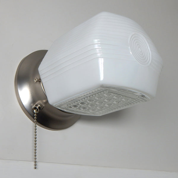 Vintage-style wall light fixture featuring an enameled painted glass shade and satin nickel pull chain from Vintporium.