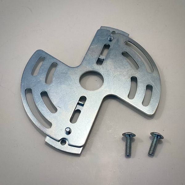 Top-down view of the slotted steel swivel crossbar plate with two screws alongside it.