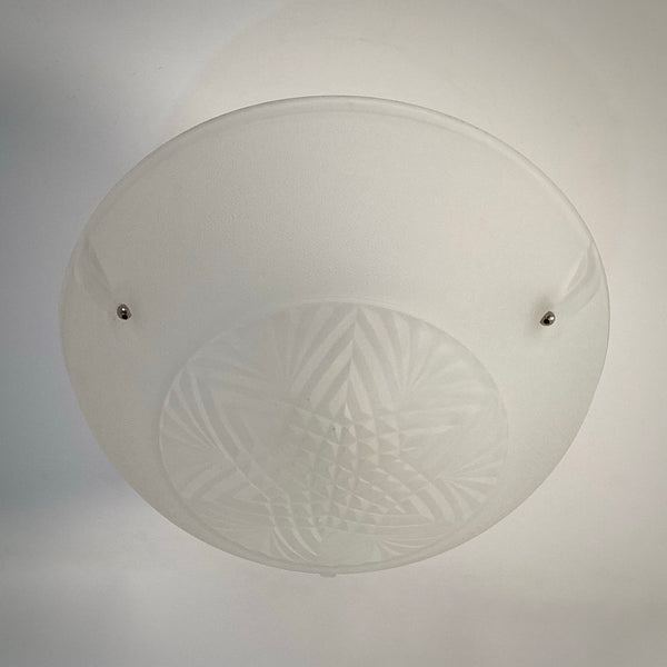 Unlit 1930s frosted glass Art Deco ceiling shade with a textured surface and powder-coated white fixture from Vintporium.