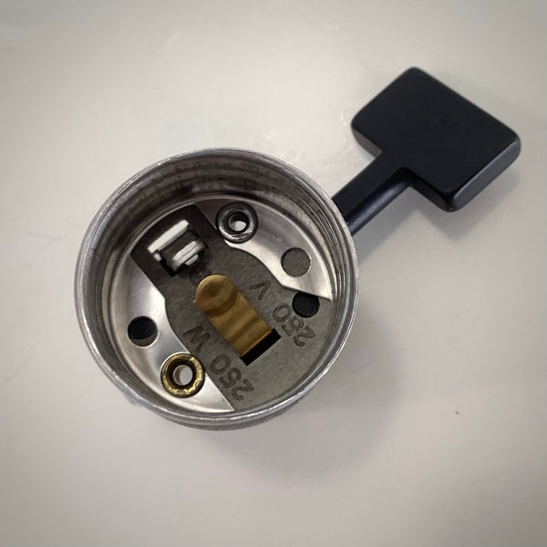 Direct interior top view of Leviton E26 socket showing stamped electrical rating specifications of 250W 250V.