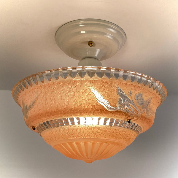 Beaded Chain Semi-Flush Ceiling Light with Peach Glass Bowl - Vintporium Architectural Salvage