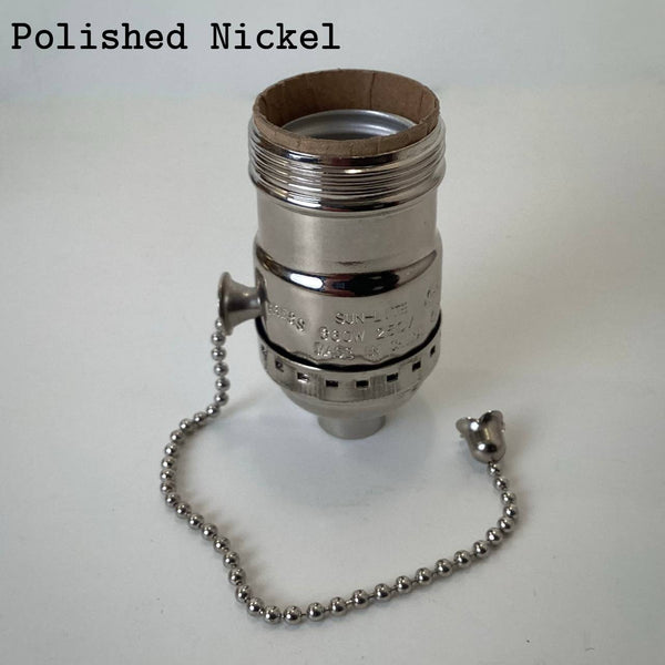 Polished nickel UNO pull-chain socket with bright reflective finish and silver chain.