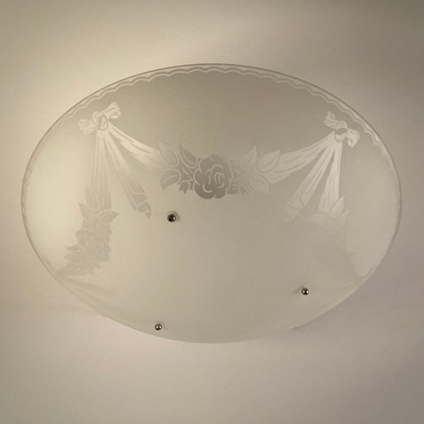1950s postwar semi flush ceiling light with decorative frosted glass bowl shade and floral garland enamel design