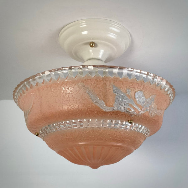 Beaded Chain Semi-Flush Ceiling Light with Peach Glass Bowl - Vintporium Architectural Salvage