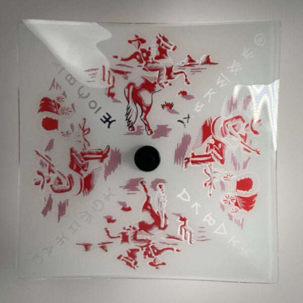 Full top-down view of a retro frosted glass light fixture shade displaying red cowboy and horseback riding graphics with a central black mounting nut.