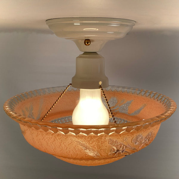 Beaded Chain Semi-Flush Ceiling Light with Peach Glass Bowl - Vintporium Architectural Salvage