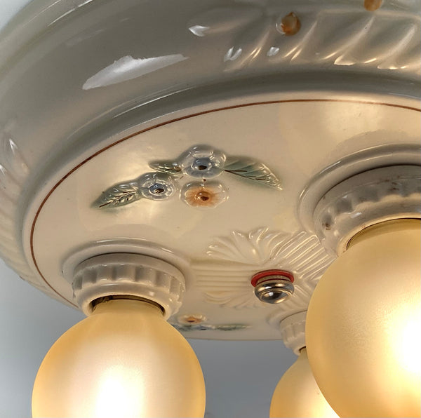 Antique Porcelain Flush Mount Pan Porcelain Ceiling Light Fixture. This beautiful antique porcelain ceiling light fixture features a classic 1930s design. The fixture has been restored and features new wiring, sockets, etc. It has been cleaned and detailed and is ready to install. Available at www.vintporium.com