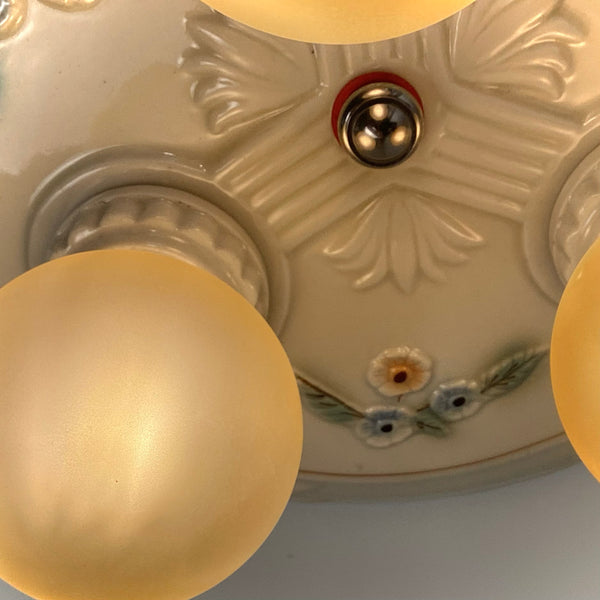 Antique Porcelain Flush Mount Pan Porcelain Ceiling Light Fixture. This beautiful antique porcelain ceiling light fixture features a classic 1930s design. The fixture has been restored and features new wiring, sockets, etc. It has been cleaned and detailed and is ready to install. Available at www.vintporium.com