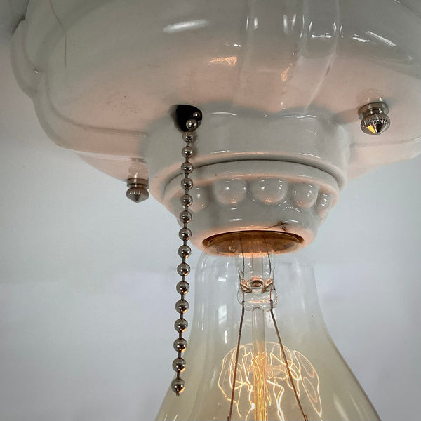 Vintage Deco Flush Mount Ceiling Light Fixture with Pull Chain. The light fixture has been restored and features a new porcelain pull chain socket, wiring, etc. The fixture has been cleaned and detailed, making for a convenient installation. Available at www.vintporium.com