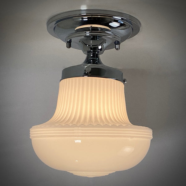 Deco Semi-Flush Ceiling Light. Vintage Glass Shade. New Nickel Fixture. Handsome semi-flush Deco ceiling light features a vintage opal glass shade and a new polished nickel fixture. The glass has been cleaned and detailed. Available at www.vintporium.com