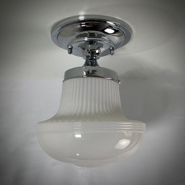 Deco Semi-Flush Ceiling Light. Vintage Glass Shade. New Nickel Fixture. Handsome semi-flush Deco ceiling light features a vintage opal glass shade and a new polished nickel fixture. The glass has been cleaned and detailed. Available at www.vintporium.com