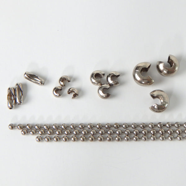 Universal beaded chain kits include every common combination of ball and chain you would need to hang a beaded 3 chain fixture. The kit comes in brass and nickel finishes. The balls come un-crimped and unclasped for universal applications. You will need needle nose pliers to ensure that the balls are crimped closed. Available at www.vintporium.com