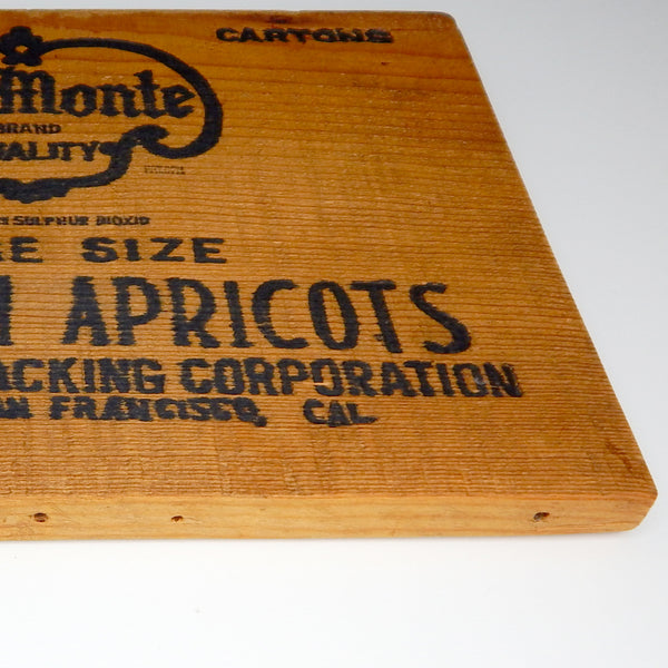 Antique Del Monte crate end,  one side labeled  Blenheim Apricots and the other side prunes. Available at www.vintporium.com