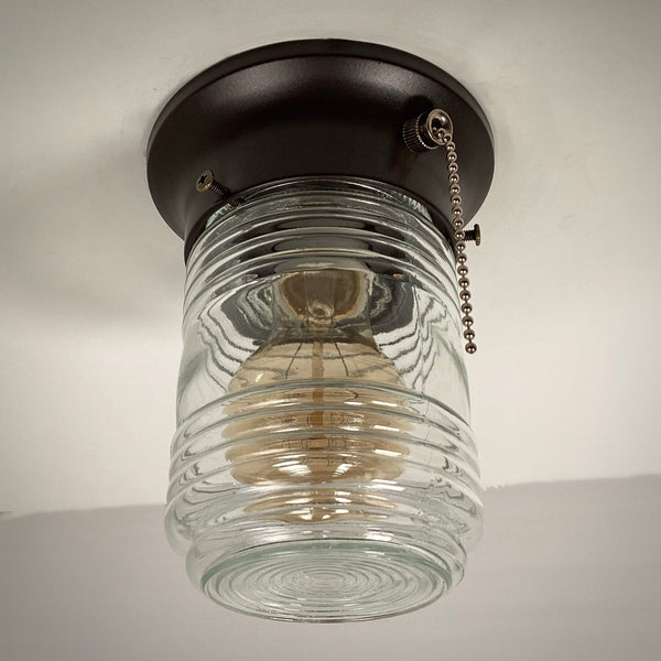 Flush Mount Light Salvaged Fresnel Jelly Jar Shade New Pull Chain Fixture. The flush mount ceiling light fixture features a salvaged fresnel jelly jar-style glass shade and a new, UL-listed, pull chain-equipped fixture base. The fixture has been cleaned and detailed. Available at www.vintporium.com