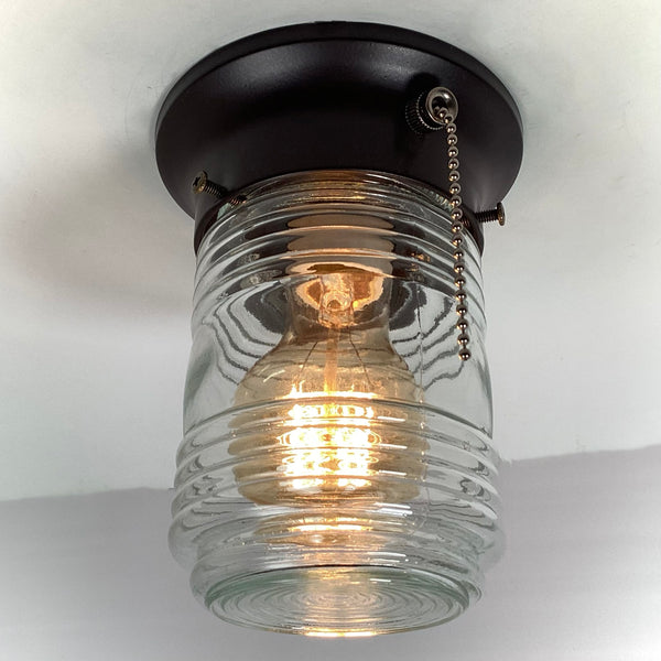 Flush Mount Light Salvaged Fresnel Jelly Jar Shade New Pull Chain Fixture. The flush mount ceiling light fixture features a salvaged fresnel jelly jar-style glass shade and a new, UL-listed, pull chain-equipped fixture base. The fixture has been cleaned and detailed. Available at www.vintporium.com