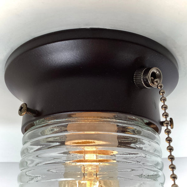 Flush Mount Light Salvaged Fresnel Jelly Jar Shade New Pull Chain Fixture. The flush mount ceiling light fixture features a salvaged fresnel jelly jar-style glass shade and a new, UL-listed, pull chain-equipped fixture base. The fixture has been cleaned and detailed. Available at www.vintporium.com