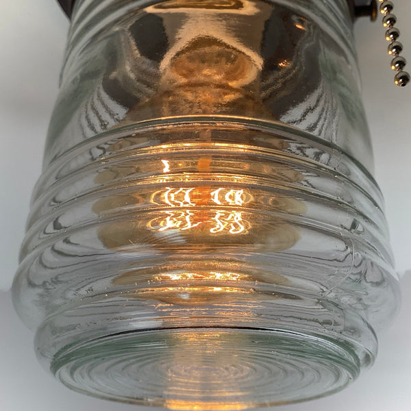 Flush Mount Light Salvaged Fresnel Jelly Jar Shade New Pull Chain Fixture. The flush mount ceiling light fixture features a salvaged fresnel jelly jar-style glass shade and a new, UL-listed, pull chain-equipped fixture base. The fixture has been cleaned and detailed. Available at www.vintporium.com